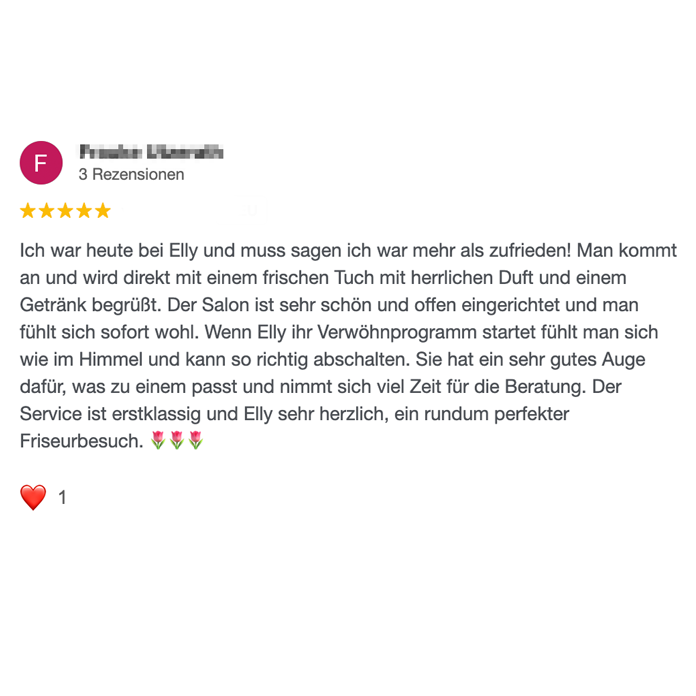 Google Bewertung Friseur Bad Wörishofen Positive Bewertung eines Firseur, lobt den Service und die Gastfreundschaft von Eli.