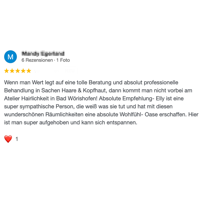 Google Bewertung Friseur Bad Wörishofen Positive Kundenbewertung über professionelle Haar- und Haarschnittdienstleistungen.